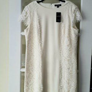 White Sheath Dress with Lace Trim & Cap Sleeve